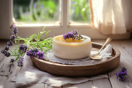 Smooth Panna Cotta Highlighted with Berry Coulis and Honey on a Rustic Tableの写真素材