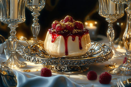 Smooth Panna Cotta Highlighted with Berry Coulis and Honey on a Rustic Tableの写真素材