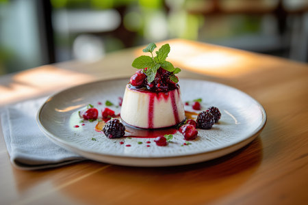 Smooth Panna Cotta Highlighted with Berry Coulis and Honey on a Rustic Tableの写真素材