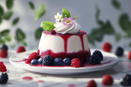 Smooth Panna Cotta Highlighted with Berry Coulis and Honey on a Rustic Tableの写真素材