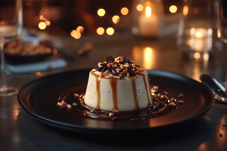 Smooth Panna Cotta Highlighted with Berry Coulis and Honey on a Rustic Tableの写真素材