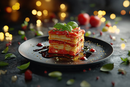 Modern Lasagna Redefined Layered Elegance with Artistic Drizzles in Contemporary Ambianceの写真素材