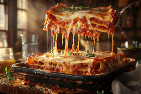 Modern Lasagna Redefined Layered Elegance with Artistic Drizzles in Contemporary Ambianceの写真素材