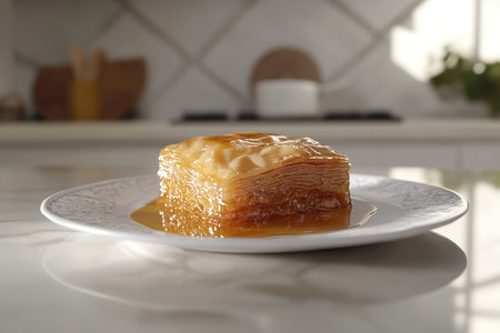 Rustic Table Display of Flaky Baklava with Sunlit Traditional Charmの写真素材