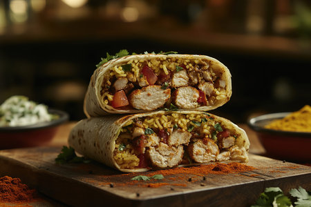 Rustic Burrito Display Highlighting Grilled Chicken and Colorful Ingredients