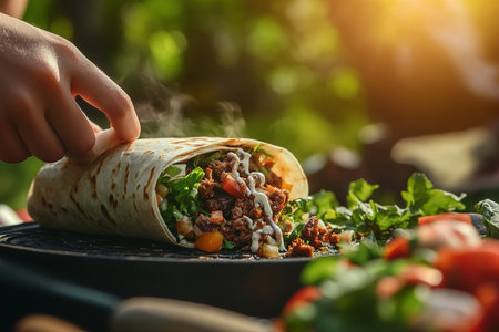 Lifestyle Shot of a Burrito Spilling with Greens, Meat, and Creamy Sauce Outdoorsの写真素材