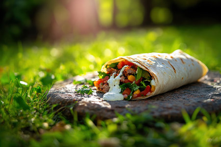 Lifestyle Shot of a Burrito Spilling with Greens, Meat, and Creamy Sauce Outdoorsの写真素材