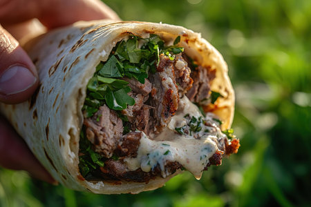 Lifestyle Shot of a Burrito Spilling with Greens, Meat, and Creamy Sauce Outdoorsの写真素材
