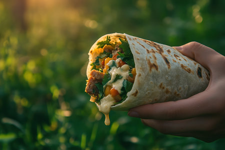 Lifestyle Shot of a Burrito Spilling with Greens, Meat, and Creamy Sauce Outdoorsの写真素材