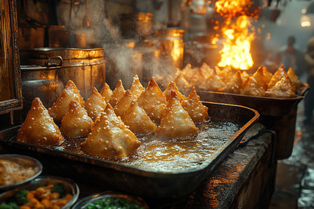Freshly Made Samosas Served with Mint and Tamarind Chutneys, Garnished Elegantly