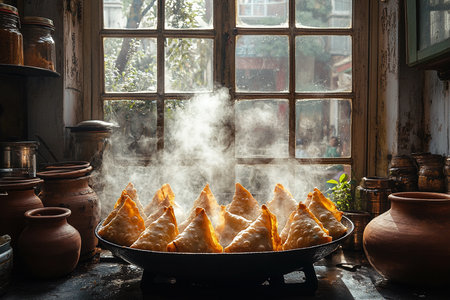 Freshly Made Samosas Served with Mint and Tamarind Chutneys, Garnished Elegantlyの写真素材