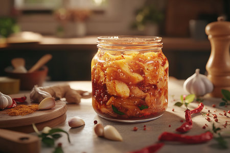 Modern Aesthetic Glass Jar of Kimchi with Neatly Arranged Napa Cabbage and Spicesの写真素材