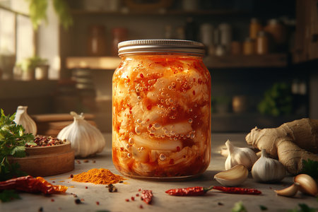 Modern Aesthetic Glass Jar of Kimchi with Neatly Arranged Napa Cabbage and Spicesの写真素材