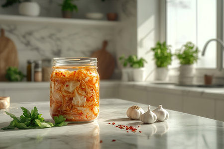 Modern Aesthetic Glass Jar of Kimchi with Neatly Arranged Napa Cabbage and Spicesの写真素材