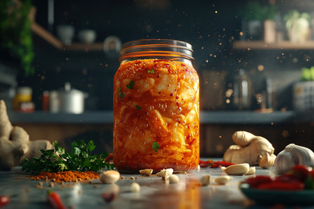 Modern Aesthetic Glass Jar of Kimchi with Neatly Arranged Napa Cabbage and Spicesの写真素材