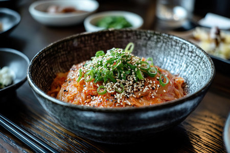 Fresh Kimchi Bowl Topped with Scallions and Sesame in a Rustic Korean Settingの写真素材