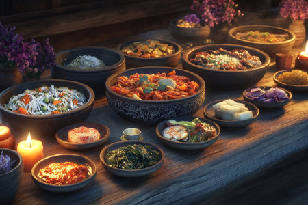 Fresh Kimchi Bowl Topped with Scallions and Sesame in a Rustic Korean Settingの写真素材