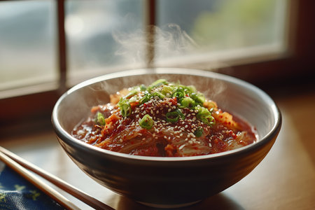 Fresh Kimchi Bowl Topped with Scallions and Sesame in a Rustic Korean Settingの写真素材