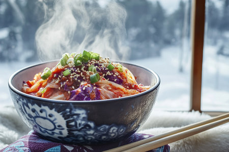 Fresh Kimchi Bowl Topped with Scallions and Sesame in a Rustic Korean Settingの写真素材