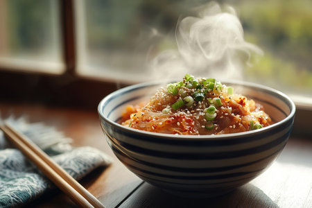 Fresh Kimchi Bowl Topped with Scallions and Sesame in a Rustic Korean Settingの写真素材