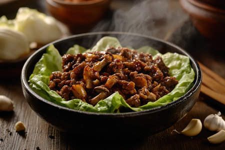 Bulgogi Dish Served with Fresh Lettuceの写真素材
