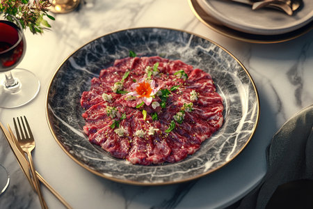 Elegant Bulgogi Presentation with Edible Flowers and Red Wine in Fine-Dining Ambianceの写真素材