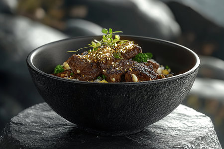 Elegant Bulgogi Presentation with Edible Flowers and Red Wine in Fine-Dining Ambianceの写真素材