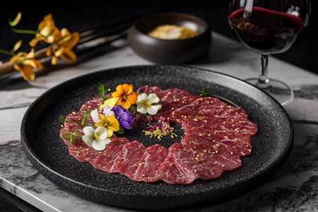 Elegant Bulgogi Presentation with Edible Flowers and Red Wine in Fine-Dining Ambianceの写真素材