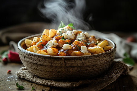 Poutine with Microgreens and Truffle Shavings in a Modern Food Styling Setupの写真素材