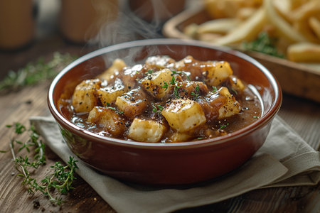 Gourmet Poutine with Microgreens and Truffle Shavings in a Modern Food Styling Setupの写真素材