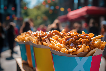 Colorful Poutine Stall at a Sunlit Street Food Festival with Festive Energyの写真素材