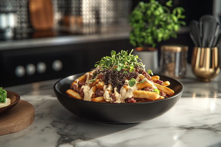 Gourmet Poutine with Microgreens and Truffle Shavings in a Modern Food Styling Setupの写真素材