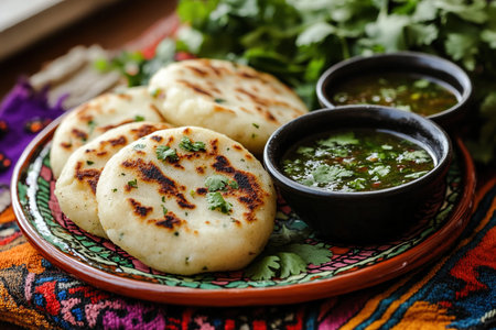 Freshly Garnished Arepas on a Colorful Plate in a Warm Venezuelan Ambianceの写真素材