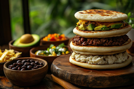 Freshly Garnished Arepas on a Colorful Plate in a Warm Venezuelan Ambianceの写真素材