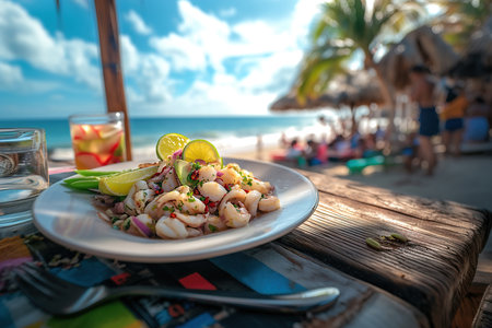 Tropical Beachside Bliss Vibrant Ceviche Bowl with Ocean Backdropの写真素材