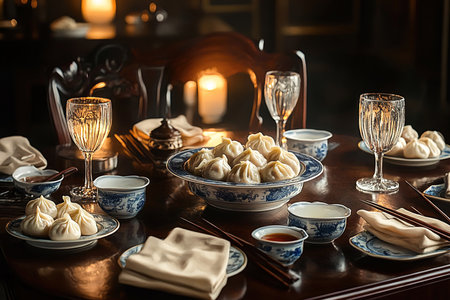 Delicate Dumplings Served with Soy Sauce in a Rustic Bamboo Basket Settingの写真素材