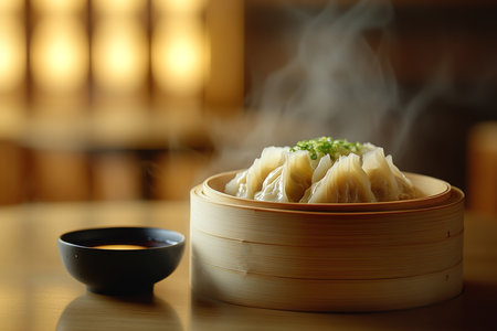 Delicate Dumplings Served with Soy Sauce in a Rustic Bamboo Basket Settingの写真素材