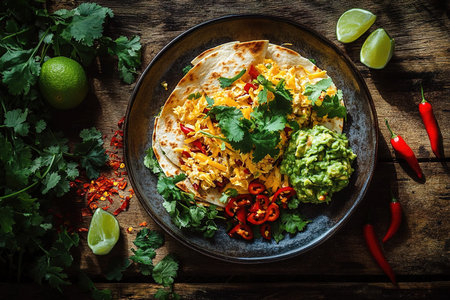 Fan-Plated Quesadillas Garnished with Cilantro and Artistic Flair
