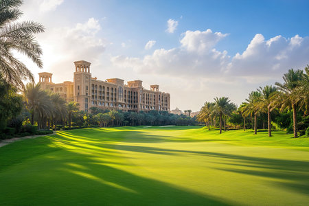 Majestic Golf Club Building Under Clear Blue Skies with Lush Surroundingsの写真素材