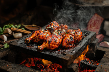 Tandoori Chicken Skewers Roasting Over Fiery Embers with Vibrant Spices in Night Glowの写真素材