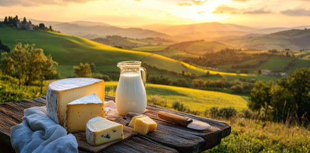 Fresh Milk and Artisanal Cheese Against a Picturesque Alpine Backdropの写真素材