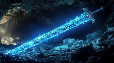 Mystical Sword of Light Resting Against an Enchanted Forest Tree Under Moonlit Skies