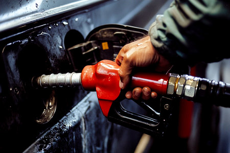 Person refueling car with gasoline at a gas stationの写真素材