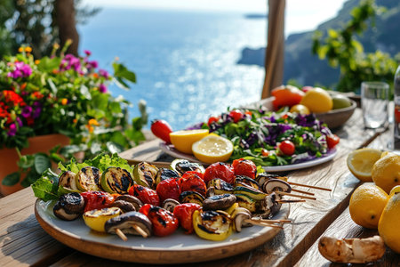 Outdoor Mediterranean Evening: Vegetable Kebabs and Salad Overlooking the Seaの写真素材