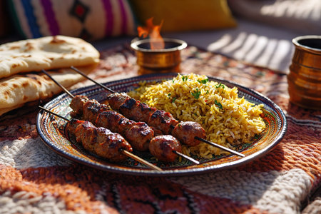 Flavorful Lamb Kebabs Served with Rice, Naan, and Exotic Middle Eastern Decorの写真素材