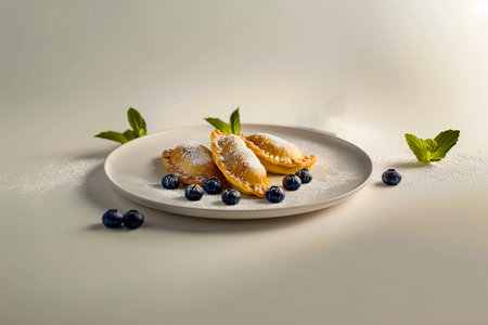 Photorealistic Pierogi Filled with Blueberries and Served with Whipped Cream Delightの写真素材
