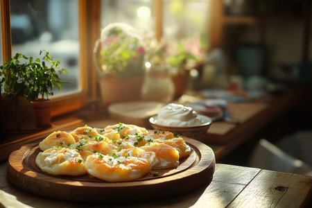 Golden-Brown Pierogi with Cheese and Chives in a Sunlit, Rustic Kitchen Settingの写真素材