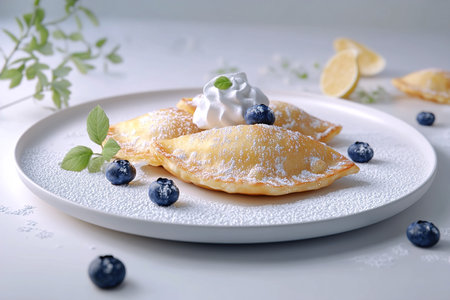 Photorealistic Pierogi Filled with Blueberries and Served with Whipped Cream Delightの写真素材