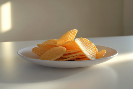 Golden Potato Chips on Pristine Plate with Clean and Inviting White Backgroundの写真素材