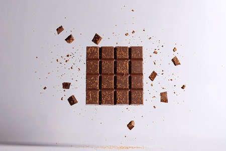 Minimalist Milk Chocolate Bar with Crumbs on a Soft Gradient White Backdropの写真素材